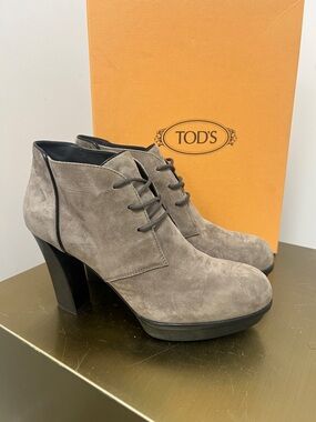 Tod's Taupe Suede Lace-Up Platform Ankle Booties